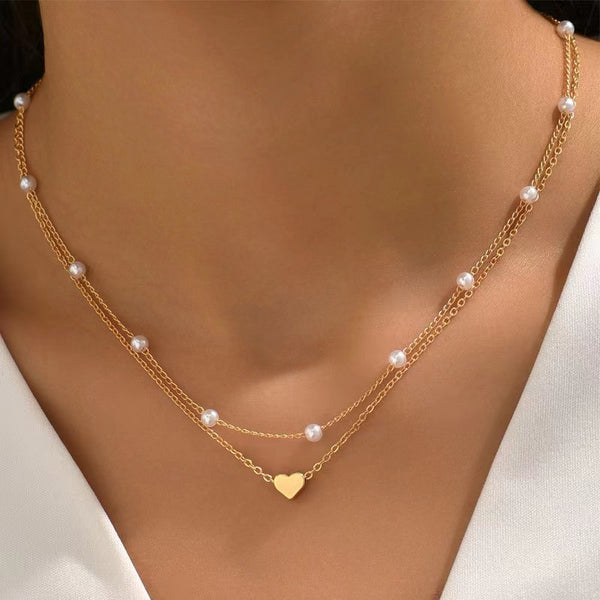 Delicate Double Pearl Heart Necklace - Unique Layered Design