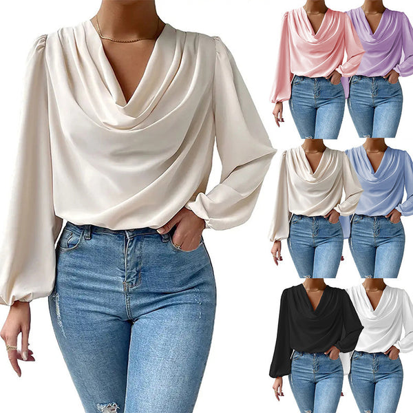 Flowy & Feminine: Women's Long Sleeve Chiffon Blouse - V-Neck, Loose Fit