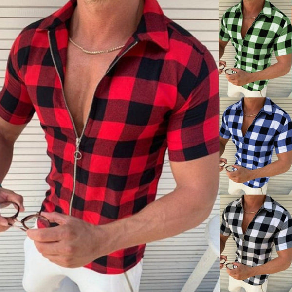 Men's Plaid Zip-Up T-Shirt by Fencart - Summer Style with a Bold Edge