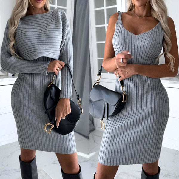 Chic Fall Style: 2-Piece Suit - Striped Top & Suspender Skirt (Women)  Long-sleeved Top by Fencart