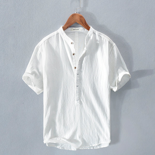 Cool Comfort: Men's Linen Short Sleeve Tee - Stand Collar Style (Japanese Ice Silk)